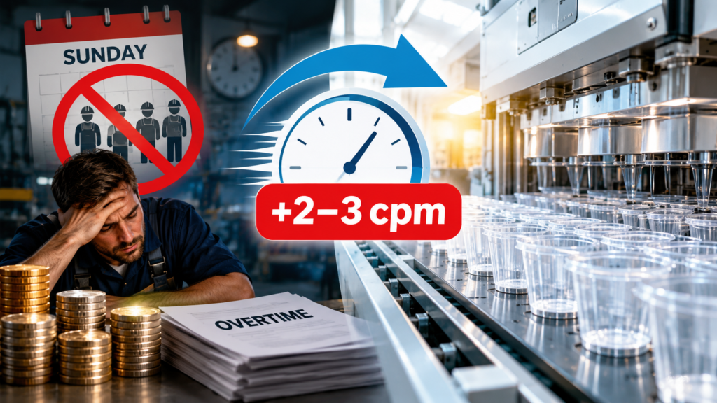 Thermoforming productivity improvement by 2–3 cycles per minute to reduce Sunday overtime and labor costs