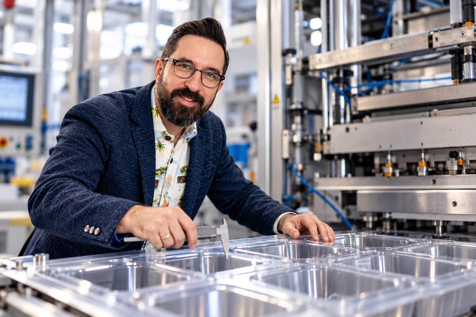 Independent thermoforming consultant inspecting thermoformed parts and evaluating production quality