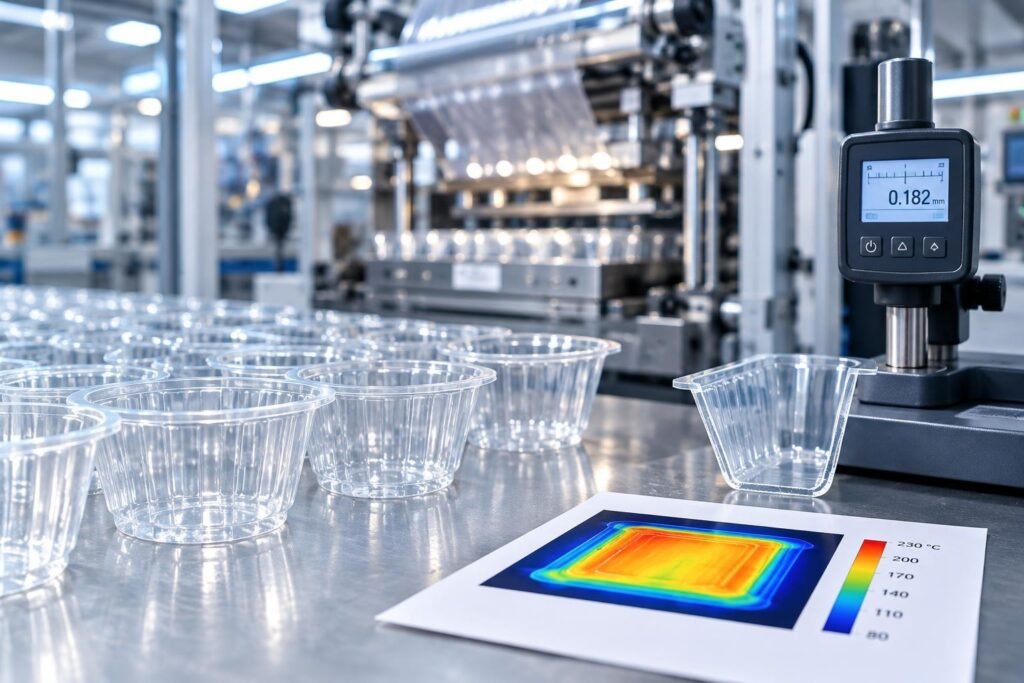 Uniformly thermoformed plastic cups with a wall thickness measuring device in front of an operating thermoforming machine.